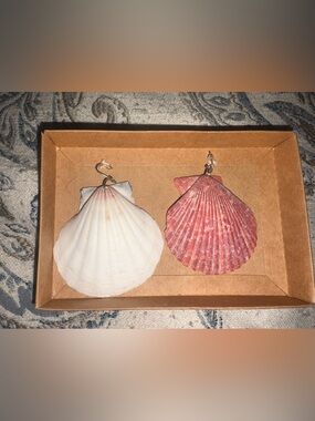Seashell Drop Earrings - White and Pink Scallop Shells -Handmade